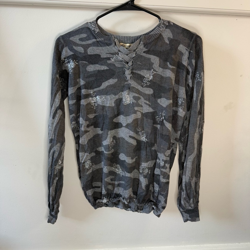 Democracy Camo Sparkle Lace up Neck Line Long Sleeve